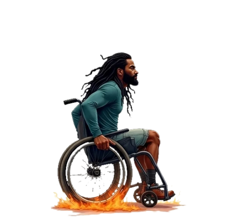The 3FFF rider pushing his chair — start, push, release, then throwing the three-finger sign
